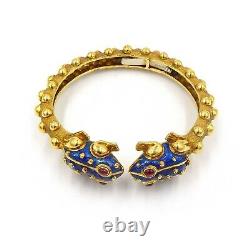 David Webb Frog 18K Yellow Gold Ruby Blue Enamel Bangle Bracelet Retail $19,500