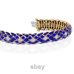 David Webb Platinum & 18K Yellow Gold Blue Enamel with Diamond Bracelet 2.30cttw
