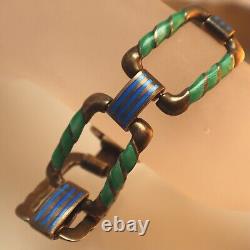 Deco Sterling Guilloche Enamel Bracelet Green & Blue Ribbons