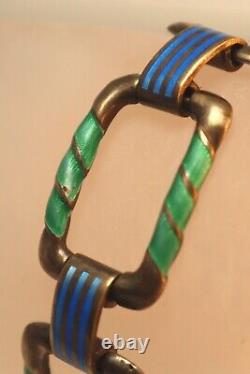 Deco Sterling Guilloche Enamel Bracelet Green & Blue Ribbons