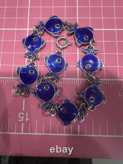 Denmark Volmer Bahner Sterling Silver Nautical Blue Enamel Fish Bracelet 6.1/2