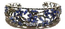 Designer Highly Ornate Floral Flower Sterling Silver Blue Enamel Cuff Bracelet