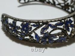 Designer Highly Ornate Floral Flower Sterling Silver Blue Enamel Cuff Bracelet
