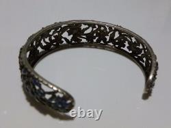 Designer Highly Ornate Floral Flower Sterling Silver Blue Enamel Cuff Bracelet