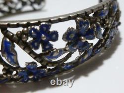Designer Highly Ornate Floral Flower Sterling Silver Blue Enamel Cuff Bracelet