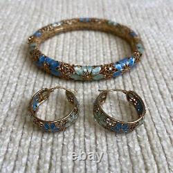 Dyadema Sterling Silver 925 Filigree Vermeil Blue Enamel Bangle/ Earring Set