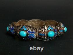 EXQUISITE VINTAGE CHINESE EXPORT SILVER FILIGREE ENAMEL BRACELET With TURQUOISE