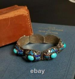 EXQUISITE VINTAGE CHINESE EXPORT SILVER FILIGREE ENAMEL BRACELET With TURQUOISE