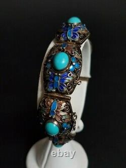 EXQUISITE VINTAGE CHINESE EXPORT SILVER FILIGREE ENAMEL BRACELET With TURQUOISE
