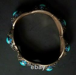 EXQUISITE VINTAGE CHINESE EXPORT SILVER FILIGREE ENAMEL BRACELET With TURQUOISE