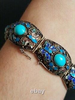 EXQUISITE VINTAGE CHINESE EXPORT SILVER FILIGREE ENAMEL BRACELET With TURQUOISE