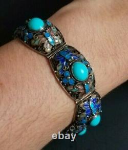 EXQUISITE VINTAGE CHINESE EXPORT SILVER FILIGREE ENAMEL BRACELET With TURQUOISE