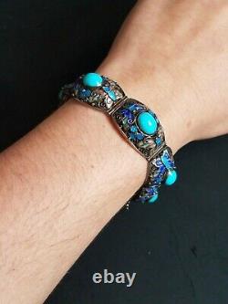 EXQUISITE VINTAGE CHINESE EXPORT SILVER FILIGREE ENAMEL BRACELET With TURQUOISE