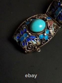 EXQUISITE VINTAGE CHINESE EXPORT SILVER FILIGREE ENAMEL BRACELET With TURQUOISE