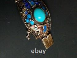 EXQUISITE VINTAGE CHINESE EXPORT SILVER FILIGREE ENAMEL BRACELET With TURQUOISE