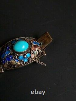 EXQUISITE VINTAGE CHINESE EXPORT SILVER FILIGREE ENAMEL BRACELET With TURQUOISE