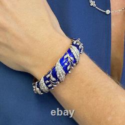 Early 20th Century Diamond Blue Enamel 18KYG Hinged Vintage Bangle Bracelet