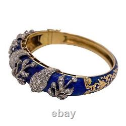 Early 20th Century Diamond Blue Enamel 18KYG Hinged Vintage Bangle Bracelet