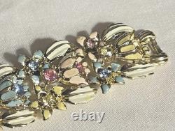 Early CORO enamel flower & leaf blue yellow pink exceptional gold bracelet vtg