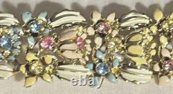 Early CORO enamel flower & leaf blue yellow pink exceptional gold bracelet vtg
