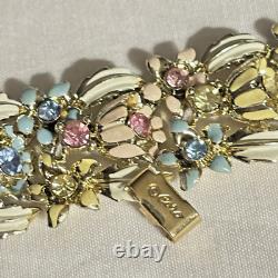 Early CORO enamel flower & leaf blue yellow pink exceptional gold bracelet vtg