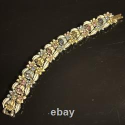 Early CORO enamel flower & leaf blue yellow pink exceptional gold bracelet vtg