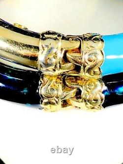 Early Flli Menegatti Vermeil Gold Sterling Sapphire Teal Enamel Cuff Bracelet