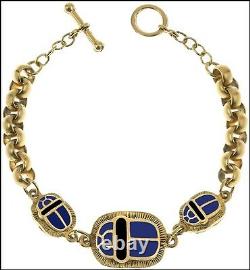 Egyptian Jewelry 3 Scarab Bracelet Blue Enamel 24K Gold-Plated Pewter & Brass