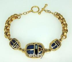 Egyptian Jewelry 3 Scarab Bracelet Blue Enamel 24K Gold-Plated Pewter & Brass