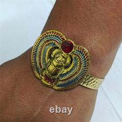 Egyptian Scarab Bracelet gold-plated brass with red & blue enamel, vintage