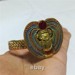Egyptian Scarab Bracelet gold-plated brass with red & blue enamel, vintage