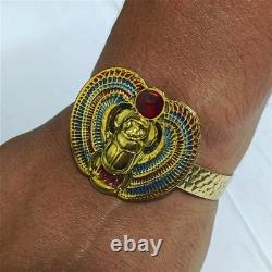 Egyptian Scarab Bracelet gold-plated brass with red & blue enamel, vintage