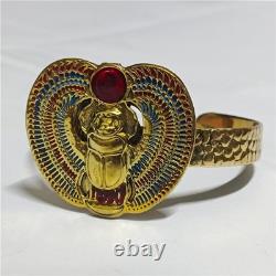Egyptian Scarab Bracelet gold-plated brass with red & blue enamel, vintage