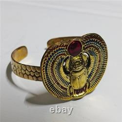 Egyptian Scarab Bracelet gold-plated brass with red & blue enamel, vintage