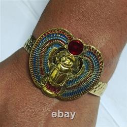 Egyptian Scarab Bracelet gold-plated brass with red & blue enamel, vintage