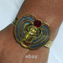 Egyptian Scarab Bracelet gold-plated brass with red & blue enamel, vintage