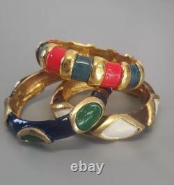 Erwin Pearl & Robert Blue Vintage Hinged Enameled Bangle Bracelets Lot Of 3