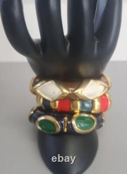 Erwin Pearl & Robert Blue Vintage Hinged Enameled Bangle Bracelets Lot Of 3