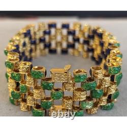 Estate Blue & Green Enamel Link Reversible Bracelet in 14K Yellow Gold Over 7