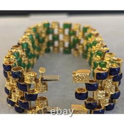 Estate Blue & Green Enamel Link Reversible Bracelet in 14K Yellow Gold Over 7