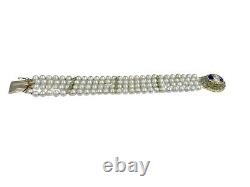 Estate Multi Strand Pearls Blue Enamel & Turquoise Bracelet 14k Yellow Gold