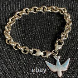 Estate Sterling Silver 7 3/4 Bracelet & Vintage Blue Enamel Copper Bird Charm