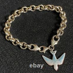 Estate Sterling Silver 7 3/4 Bracelet & Vintage Blue Enamel Copper Bird Charm