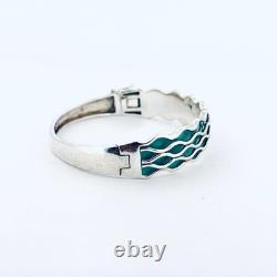 Estate Sterling Silver 925 Teal Enamel Hinged Bangle 6.5in 13.6mm 29.2g
