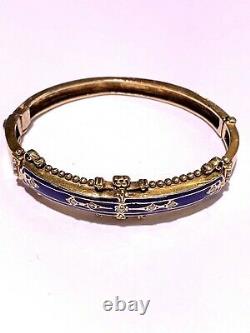 Estate Vintage 14k Yellow Gold Blue Enamel Diamond & Pearl Bangle Bracelet