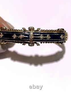 Estate Vintage 14k Yellow Gold Blue Enamel Diamond & Pearl Bangle Bracelet