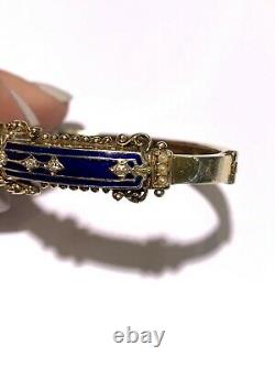 Estate Vintage 14k Yellow Gold Blue Enamel Diamond & Pearl Bangle Bracelet