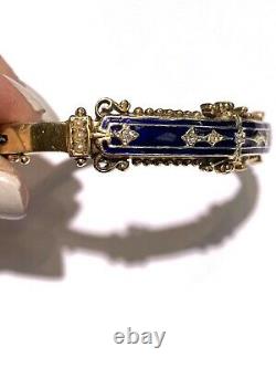 Estate Vintage 14k Yellow Gold Blue Enamel Diamond & Pearl Bangle Bracelet