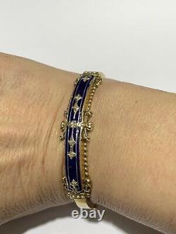 Estate Vintage 14k Yellow Gold Blue Enamel Diamond & Pearl Bangle Bracelet