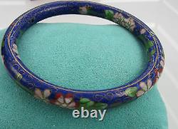 Estate Vintage Asian Colorful Cloisonne Blue Enamel Flowers Bangle Bracelet